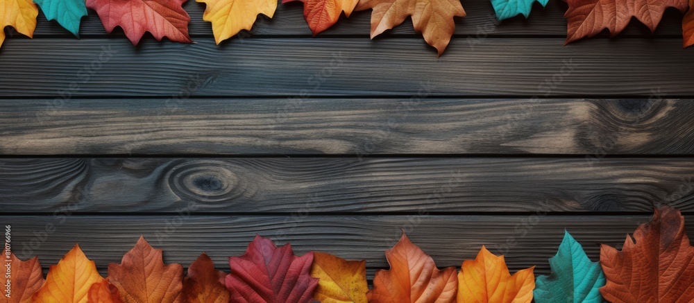 Fototapete Top view of a wooden background with a composition of autumn leaves and ample space for text creating a copy space image