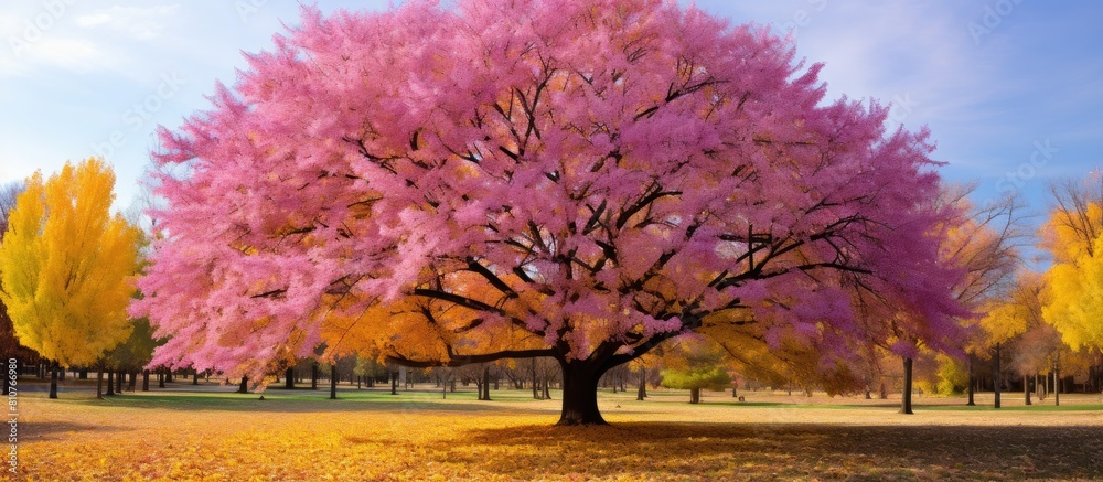 Poster The Eastern Redbud Tree displays a beautiful transition from green to yellow leaves during the fall creating a captivating gradation of colors. Creative banner. Copyspace image