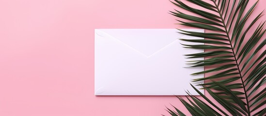 There is a copy space image depicting an envelope white blank paper and a palm leaf on a pink background