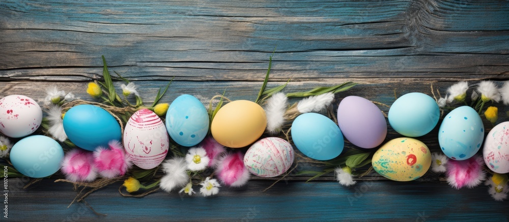 Aufkleber An image featuring colorful Easter eggs carefully painted and displayed on a rustic blue wooden backdrop The composition provides an attractive copy space image 184 characters