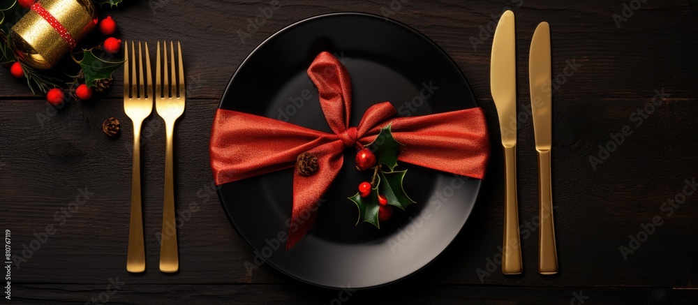 Poster A festive Christmas menu showcased with Xmas decorations set against dark plates and accompanied by a fork and knife set wrapped in a napkin Ample copy space is available in the image