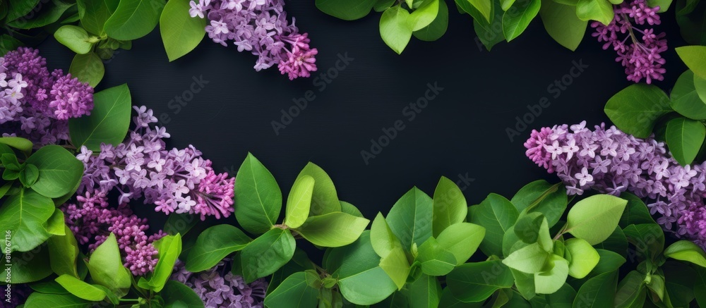 Leinwandbilder a blooming purple lilac with green leaves arranged creatively in a flat lay composition the image de