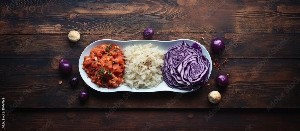 Poster A top view close up of a plate on a wooden table with a copy space image of fried blue cabbage onion apple and garlic