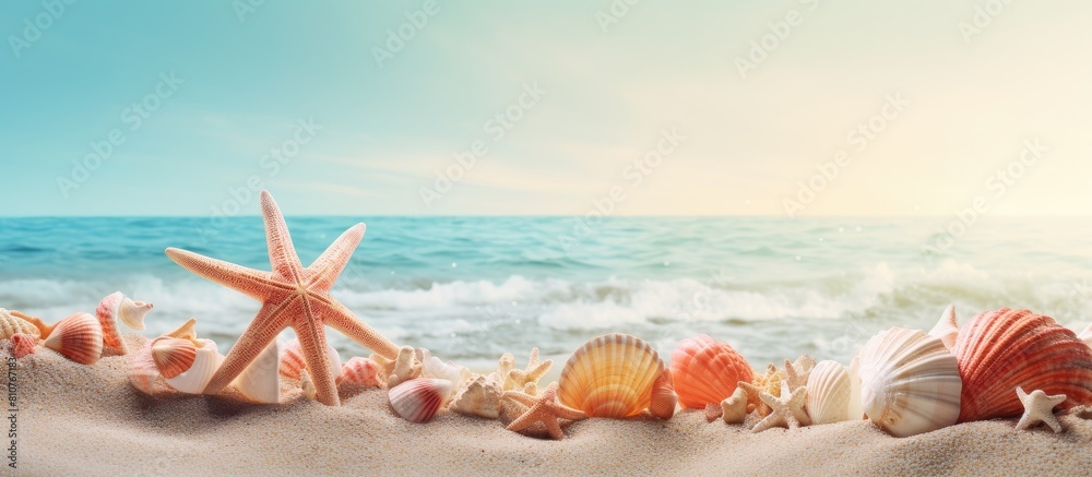 Aufkleber a beach summer background featuring seashells sea stars and coral with plenty of copy space for an i