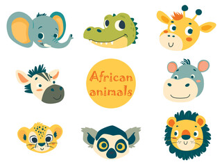 Obraz premium Set of cartoon african animals. A Giraffe, a lion, an elephant, a zebra, a hippo, a lemur, a cheetah etc