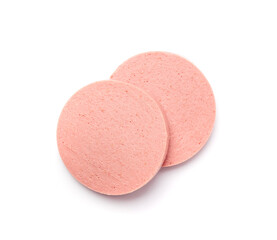 Mortadella Slice Isolated, Luncheon Meat Cut, Chicken Ham, Boiled Sausage for Breakfast