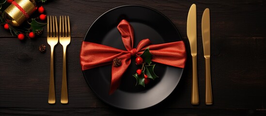 A festive Christmas menu showcased with Xmas decorations set against dark plates and accompanied by a fork and knife set wrapped in a napkin Ample copy space is available in the image