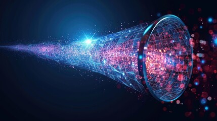 Abstract funnel with data stream and hand with magnifying on dark blue background.