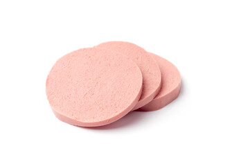 Mortadella Slice Isolated, Luncheon Meat Cut, Chicken Ham, Boiled Sausage for Breakfast