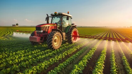 Fototapeta premium Modern agriculture tractor working in the field at sunrise. Farming and cultivation. Technology in agriculture. Rural landscape. AI