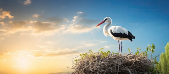 A stork perched on its nest against a stunning summer sky creating a captivating image with ample copy space © HN Works