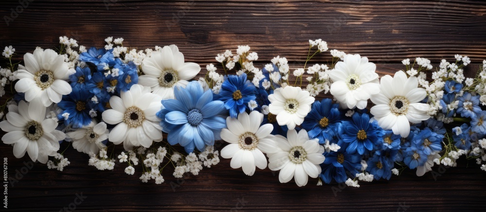 Poster a visually striking arrangement of blue and white flowers on a wooden background captured from an ov