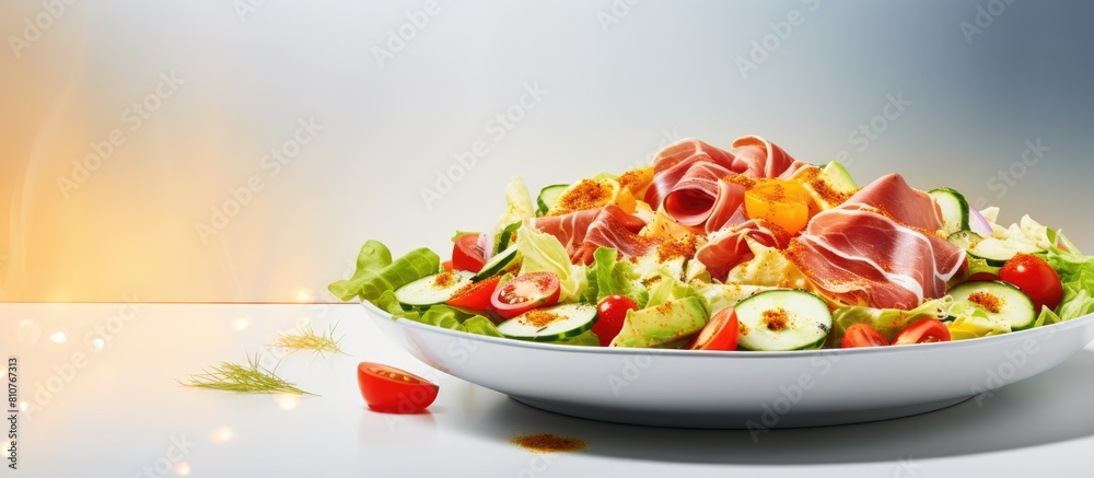 Poster a trendy salad with ham paprika cucumber and cheese emphasizing its healthy ketogenic diet benefits 