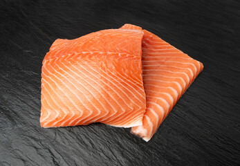 Fresh Salmon Fillet, Raw Norwegian Red Fish, Trout Meat Piece, Fresh Atlantic Salmon Fillet on Black