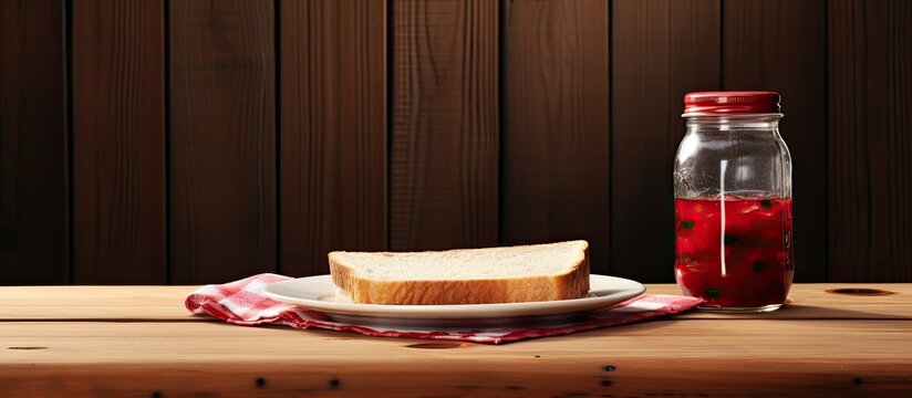 A breakfast scene with a slice of bread spread with cherry jam placed on an old wooden table next to a milk bottle Copy space image 106 characters
