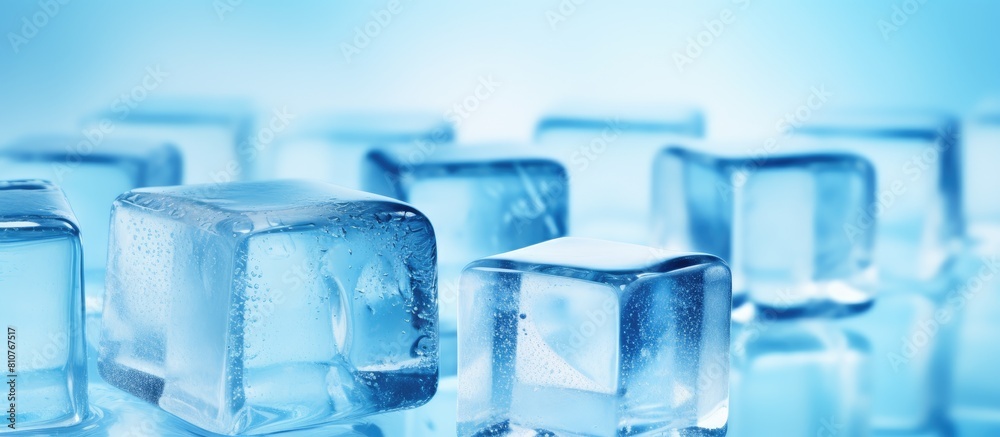Poster a light blue background sets the stage for crystal clear ice cubes in this copy space image creating