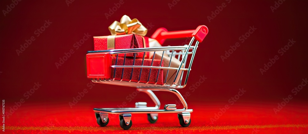 Poster christmas themed shopping cart toy on a red background copy space image with discounts and sale