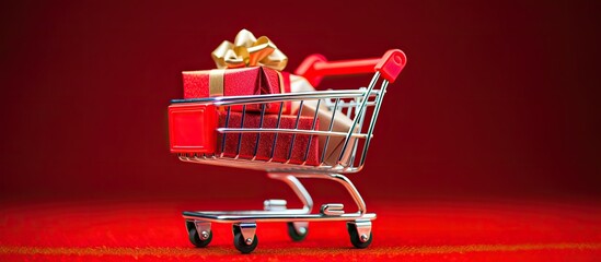 Christmas themed shopping cart toy on a red background Copy space image with discounts and sale