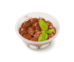 Tiramisu Cake Isolated, Coffee Dessert, Italian Tiramisu Biscuit with Mascarpone and Cocoa Powder