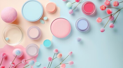 A collection of makeup products, including a pink and blue eye shadow