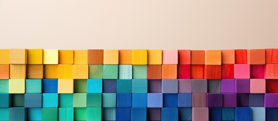 A slanted view of stacked multi colored wooden blocks forming a spectrum with copy space image in front It can serve as a background or cover for creative diverse expanding rising or growing concepts - Powered by Adobe