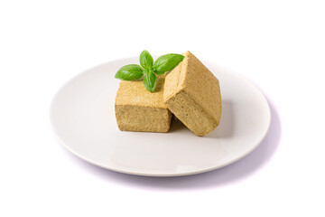Tofu Cheese Isolated, Smoked Vegan Cheese Slice, Sliced Soya Bean Curd, Soy Protein or TSP