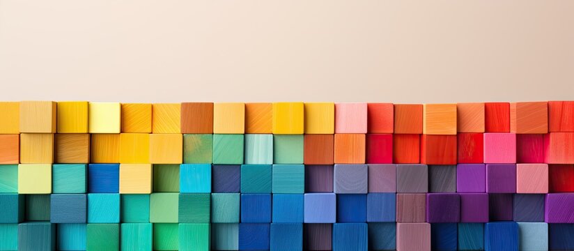 A slanted view of stacked multi colored wooden blocks forming a spectrum with copy space image in front It can serve as a background or cover for creative diverse expanding rising or growing concepts