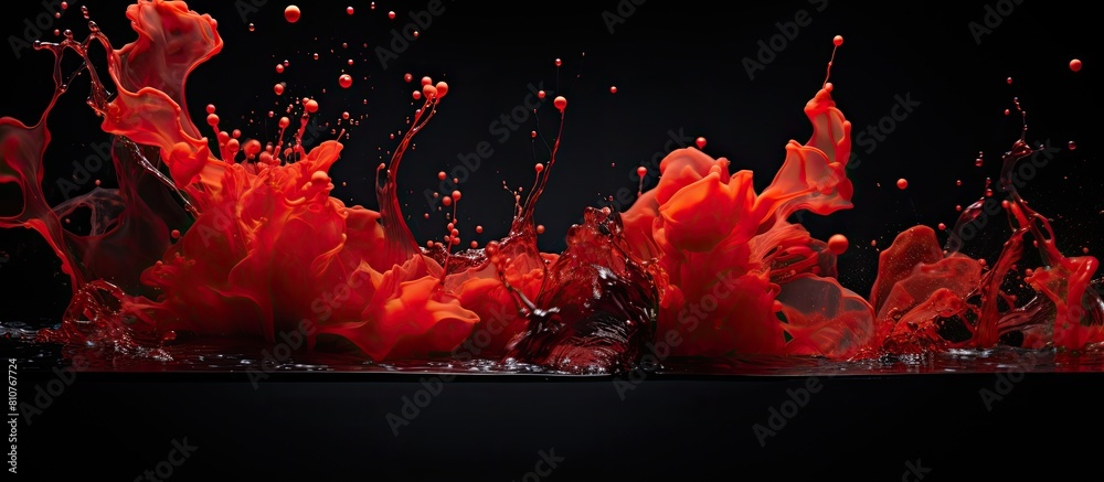 Poster An abstract still life composition featuring vibrant red colors blending in the water set against a dark black backdrop with ample copy space for additional imagery