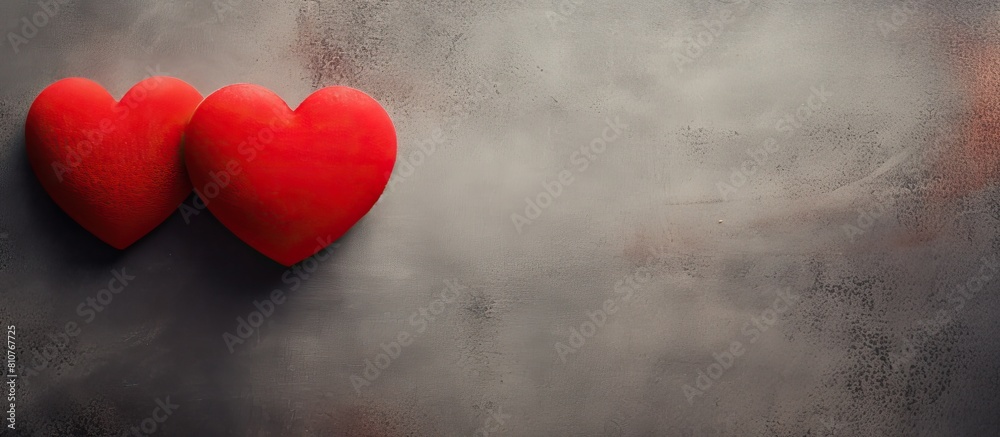 Poster Two red heart shaped objects placed on a textured surface with empty space around suitable for adding any desired image or text. Creative banner. Copyspace image