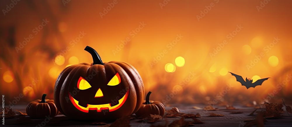 Poster an image showcasing a vibrant halloween theme with a carved pumpkin bats silhouetted against an oran
