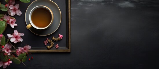 A copy space image featuring a tray adorned with flowers accompanied by a cup of black coffee