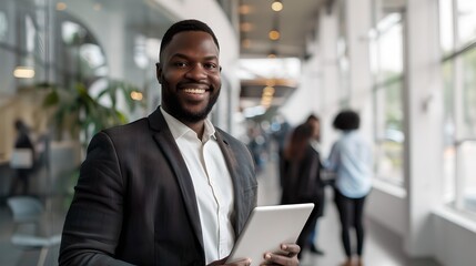 Fototapeta premium Confident business professional smiling in modern office space. Casual work attire, personable and approachable look. Perfect for corporate use. AI