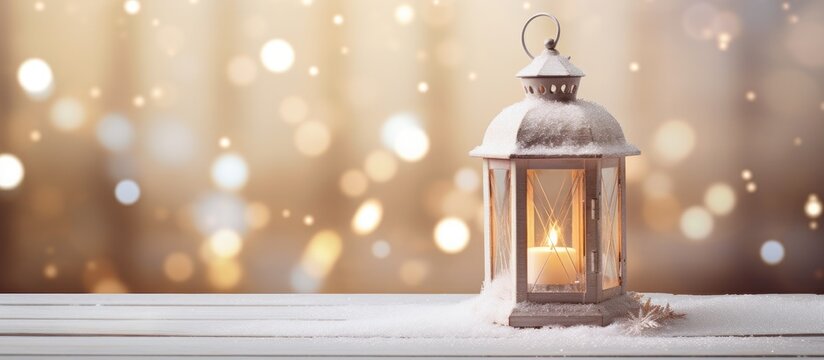 A charming Christmas lantern adorned with a lit candle sits on a white wooden table offering a delightful aesthetic Plenty of space is available for personalized messages or text. Creative banner