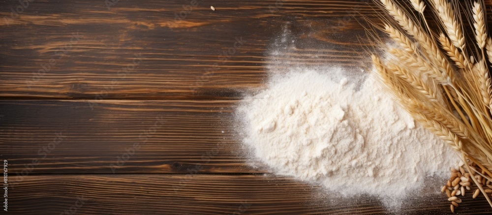 Poster Top view of a wooden table with a sprinkling of wheat flour and ample space for text at the side Original Sprinkled wheat flour on wooden table with empty space for text top view