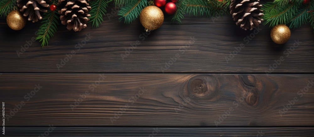 Poster A festive winter holiday design featuring a top down view of spruce branches cones and toys on a dark wooden background Ideal for adding text. Creative banner. Copyspace image