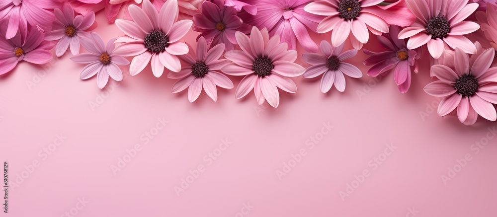 Poster on a pink paper background there is a lovely arrangement of pink flowers creating a beautiful and ha