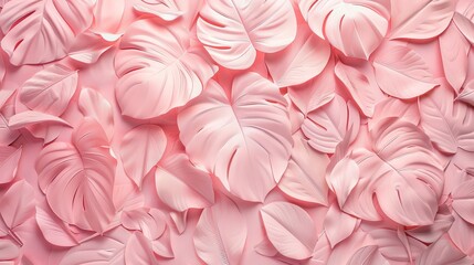 Detailed floral pattern of pink tropical leaves, layered for a 3D wall texture on a delicate white-pink background, under studio lighting