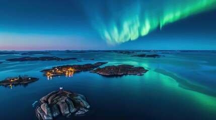 Aurora Archipelago Dreams, lights on sky in Lofoten islands. Generative Ai - obrazy, fototapety, plakaty