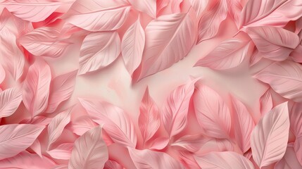 Fototapeta premium Detailed floral pattern of pink tropical leaves, layered for a 3D wall texture on a delicate white-pink background, under studio lighting