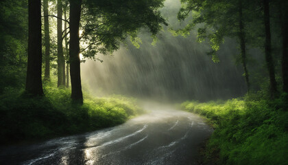 strong rain shower on country side, wet road in forest
 - Powered by Adobe
