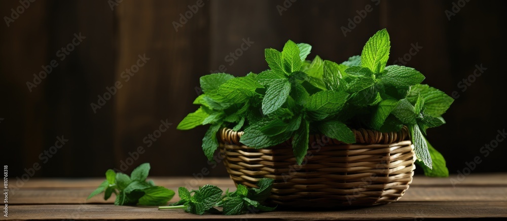 Leinwandbilder a basket filled with fresh green mint stands on a wooden background creating a visually appealing co