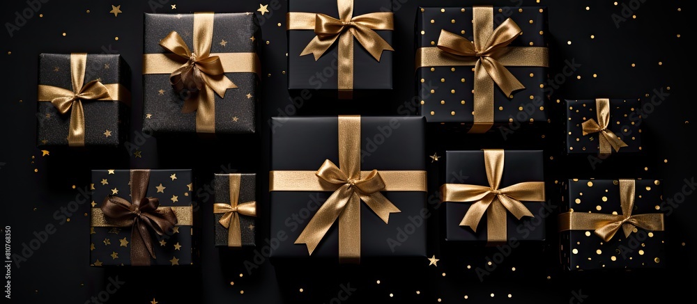 Poster flat lay of black friday and holiday themed cardboard gift boxes placed on a black background creati