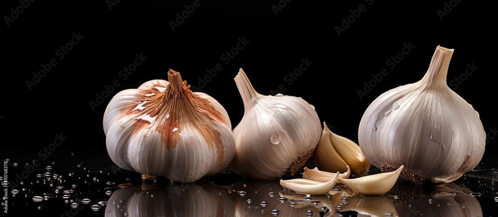 Poster a dark background highlights the vibrant aroma of fresh garlic leaving ample room for additional tex
