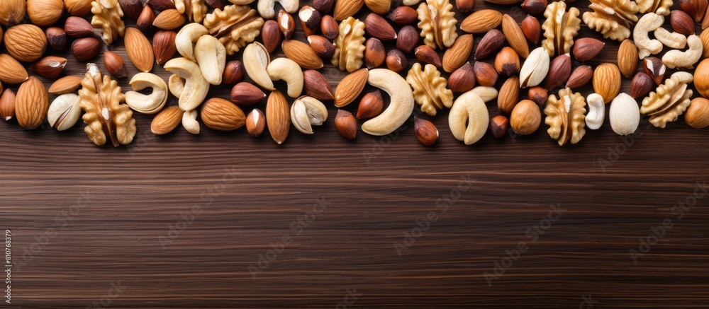 Poster Top view of a wooden board background with a frame of nuts providing copy space for text
