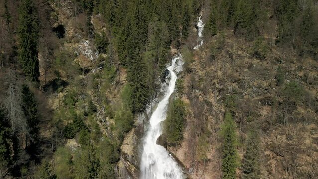 Nardis waterfalls, Trentino in Italy. Aerial backward 