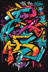 Bold Vibrant Graffiti Style Streetwear T shirt with Lettering on Black Background