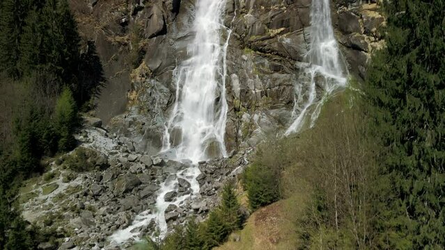 Nardis waterfalls, Trentino in Italy. Aerial drone ascending