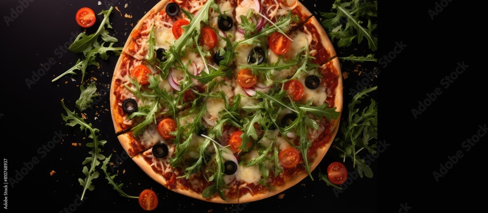 Poster A top view of a sliced pizza on a black background topped with mozzarella four cheese olives and arugula with copy space for a restaurant menu image