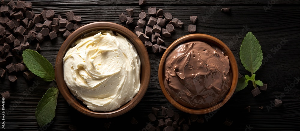 Aufkleber copy space image of homemade cosmetics made with cocoa butter displayed on a dark grey wooden backgr
