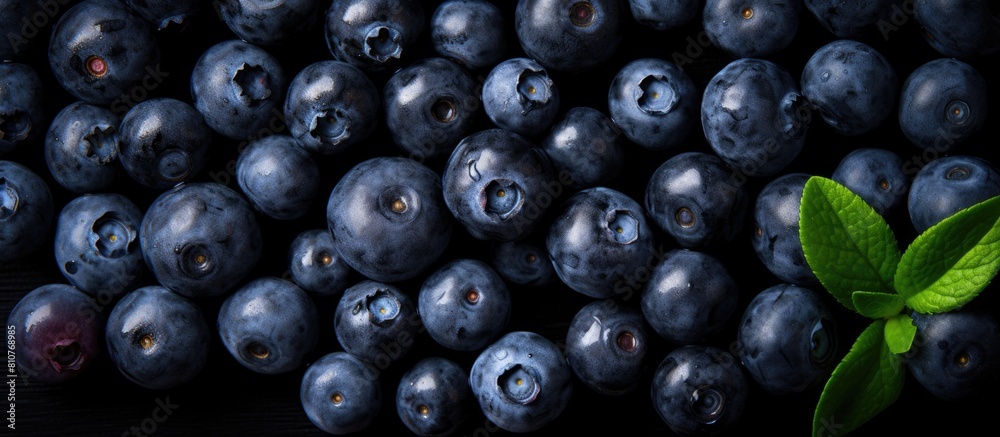 Poster A top down view of ripe organic blueberries arranged on a black background capturing the essence of summer berries The image features a flat layout with ample copy space